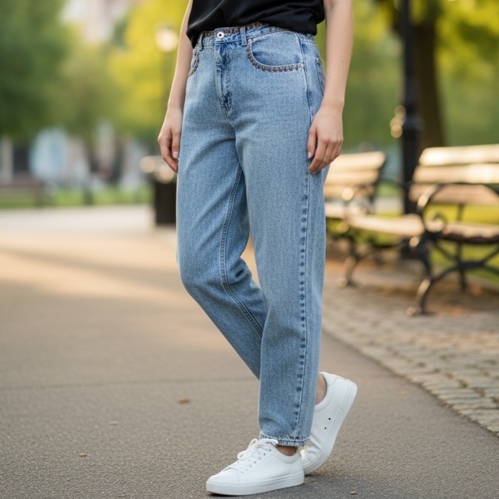 Vintage Hand Embroidered Waist Band Ultra High Rise 90’s Mom Medium Wash Jeans